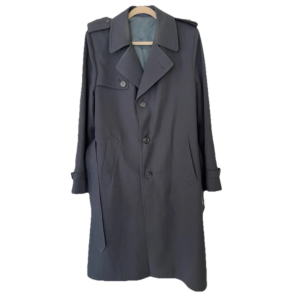 Vintage Cumberland Trench Coat Mens 40R Navy Blue Lined Made in Canada Long Coat
